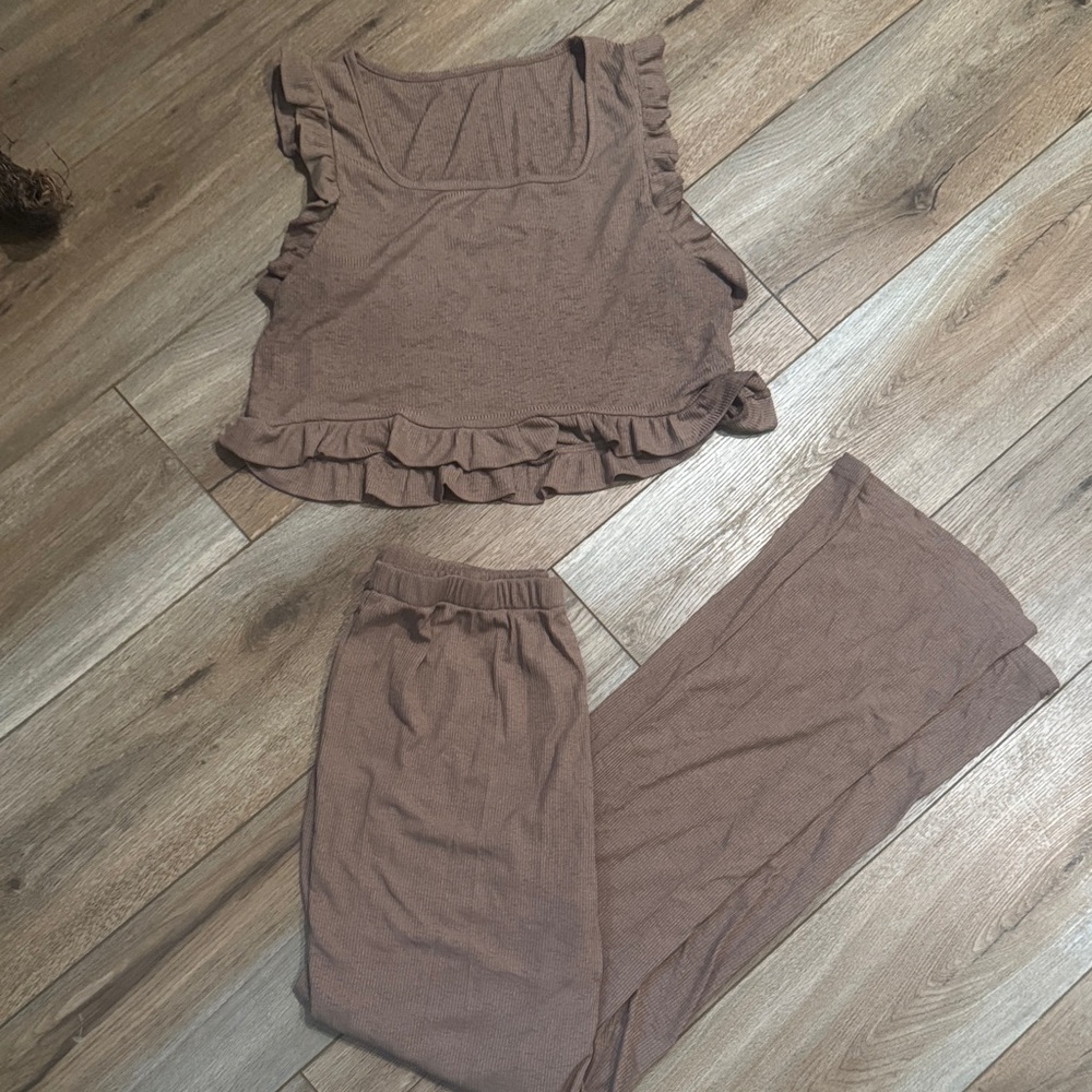 Brown Ruffle Tank and Pants Set
